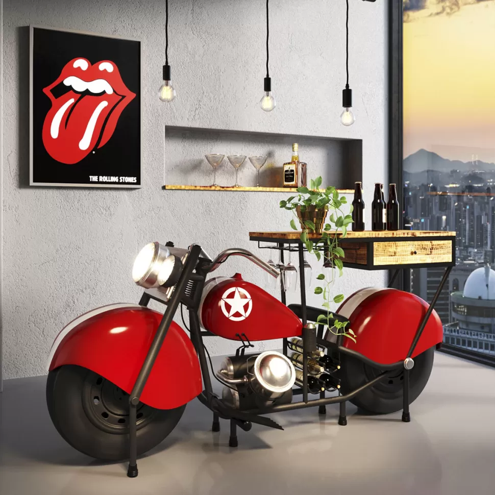 Barki-KARE Design Barek Motocykl Czerwony Vintage 210x98 Cm Blat Drewno Mango