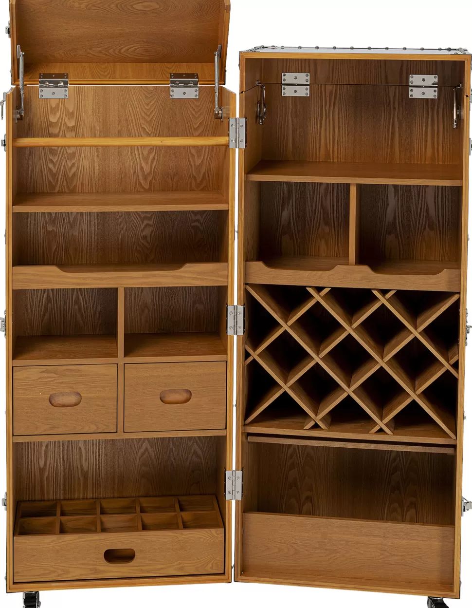 Barki-KARE Design Barek Na Kółkach Rozkładany Stal Srebrna Wnętrze Naturalne 64x145 Cm