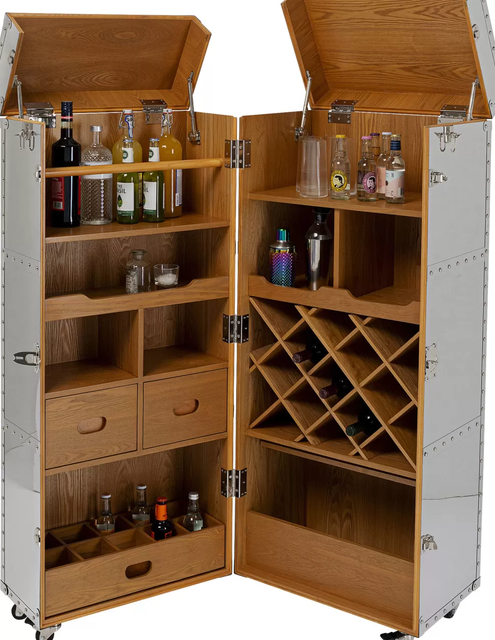 Barki-KARE Design Barek Na Kółkach Rozkładany Stal Srebrna Wnętrze Naturalne 64x145 Cm