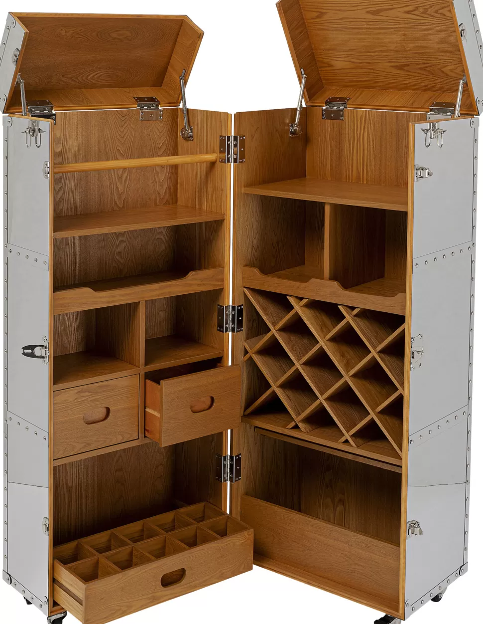 Barki-KARE Design Barek Na Kółkach Rozkładany Stal Srebrna Wnętrze Naturalne 64x145 Cm