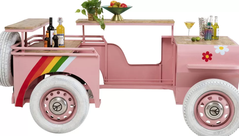 Barki-KARE Design Barek W Kształcie Auta Różowy Motyw Kwiatowy Stal I Drewno 241 Cm