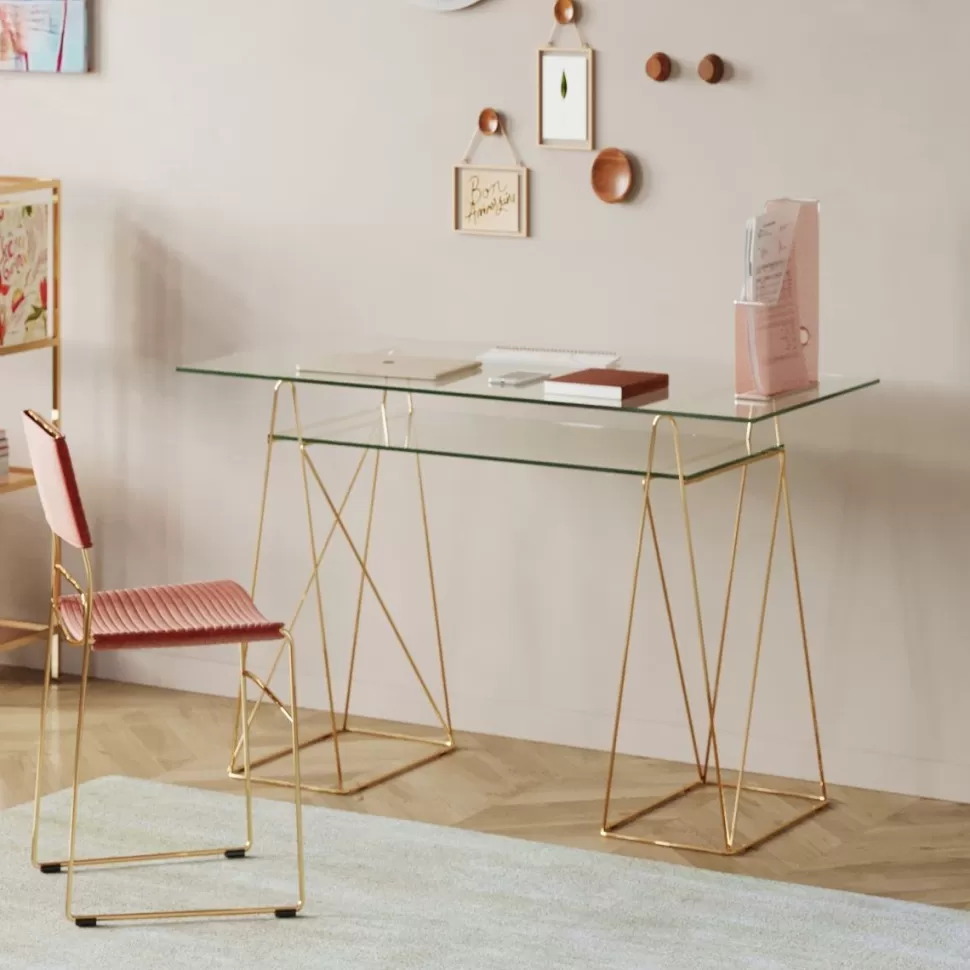Biurka-KARE Design Biurko Polar 135x65 Cm Szkło Hartowane - Nogi Złote