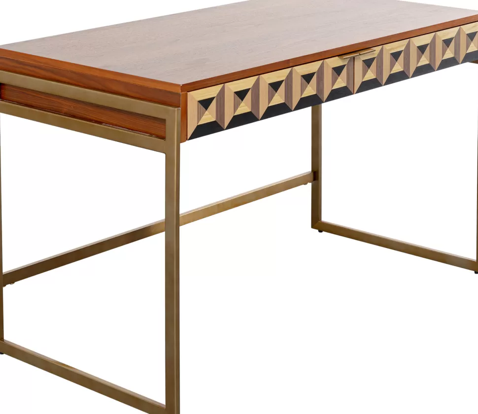 Biurka-KARE Design Biurko Z 2 Szufladami Fornir Orzechowy Nogi Złote Stalowe 120x59 Cm Front Efekt 3D