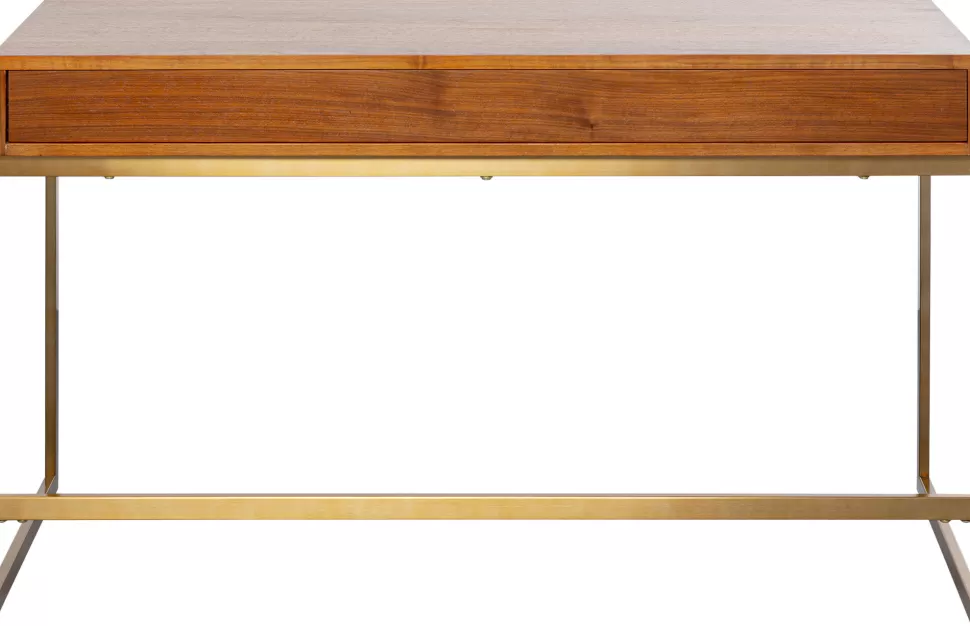 Biurka-KARE Design Biurko Z 2 Szufladami Fornir Orzechowy Nogi Złote Stalowe 120x59 Cm Front Efekt 3D