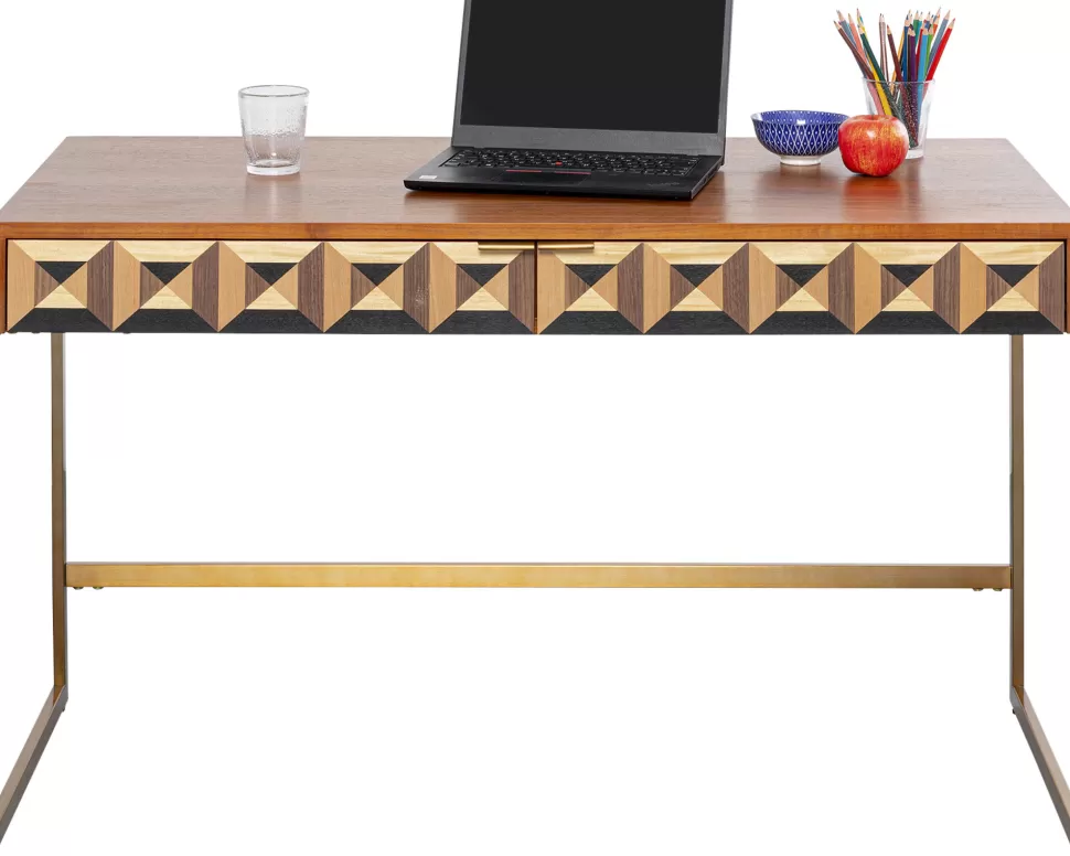 Biurka-KARE Design Biurko Z 2 Szufladami Fornir Orzechowy Nogi Złote Stalowe 120x59 Cm Front Efekt 3D