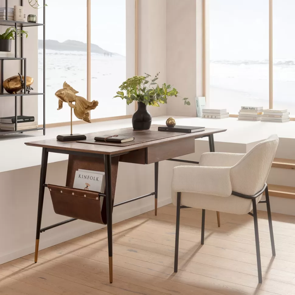 Biurka-KARE Design Biurko Z Szufladą Brązowe MDF 153x71 Cm Skóra Naturalna