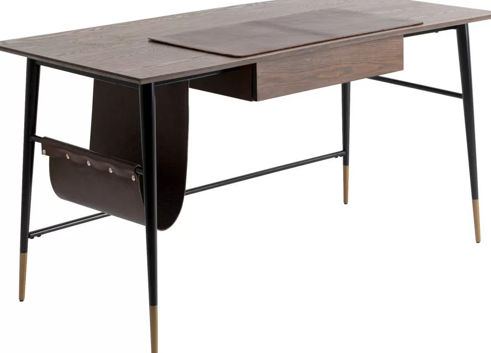 Biurka-KARE Design Biurko Z Szufladą Brązowe MDF 153x71 Cm Skóra Naturalna