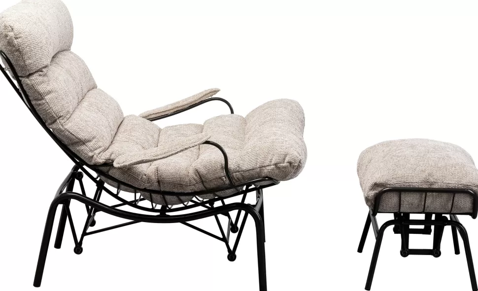 Fotele-KARE Design Fotel Beżowy Z Podnóżkiem Funkcja Bujania Nogi Czarne
