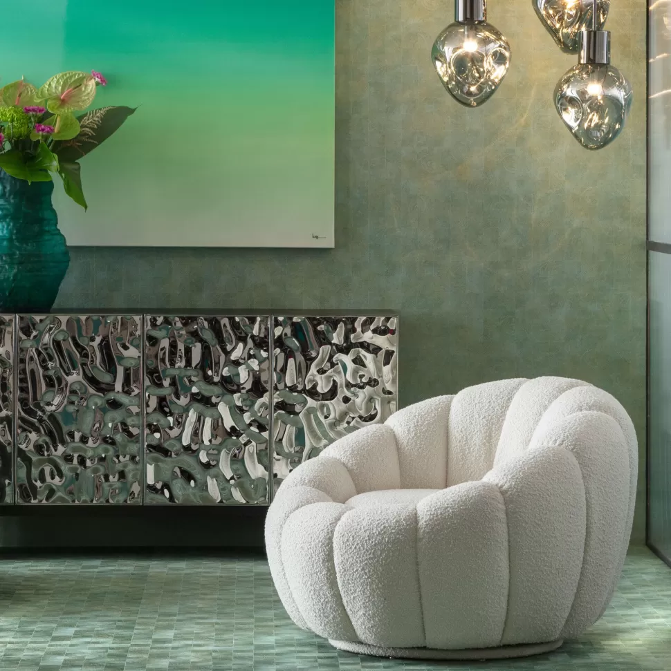 Fotele-KARE Design Fotel Obrotowy Do Salonu Biały Tkanina Boucle 94x66 Cm