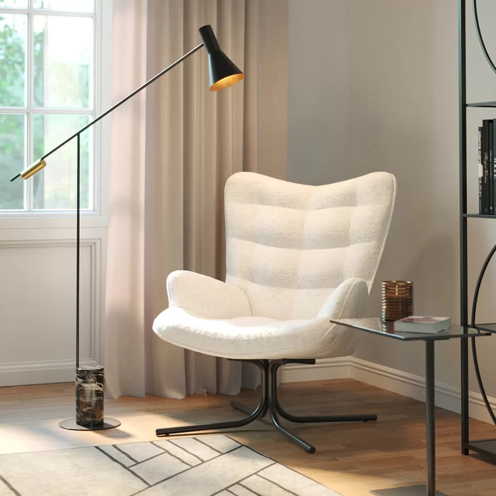Fotele-KARE Design Fotel Obrotowy Do Salonu Tkanina Boucle Kremowa Nogi Czarne