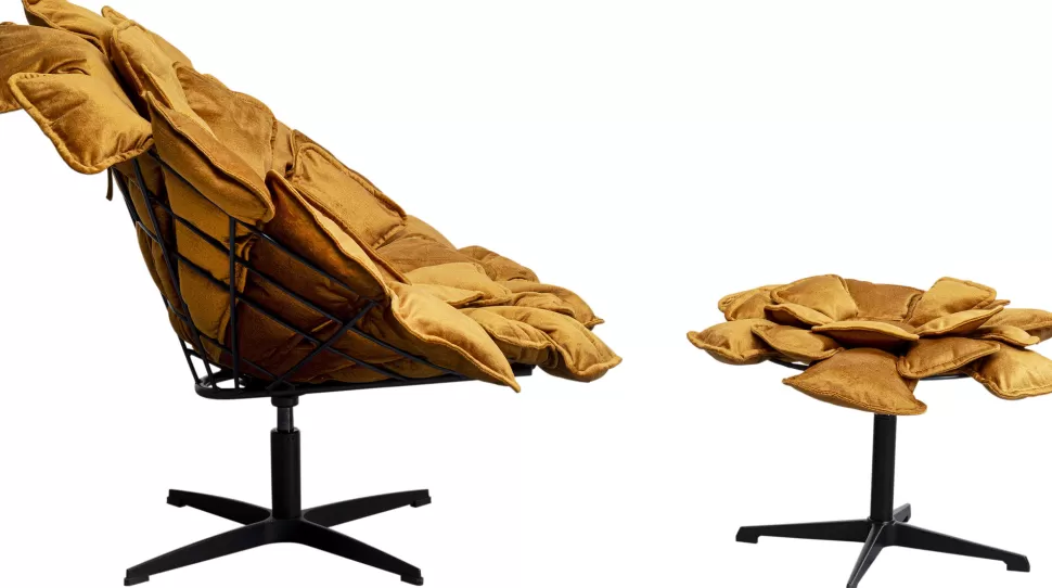 Fotele-KARE Design Fotel Obrotowy Musztardowy Z Podnóżkiem Podstawa Czarna Stalowa 82x80 Cm