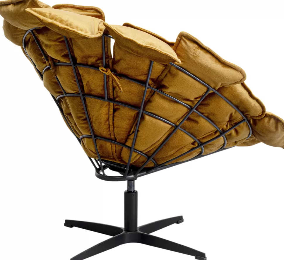 Fotele-KARE Design Fotel Obrotowy Musztardowy Z Podnóżkiem Podstawa Czarna Stalowa 82x80 Cm