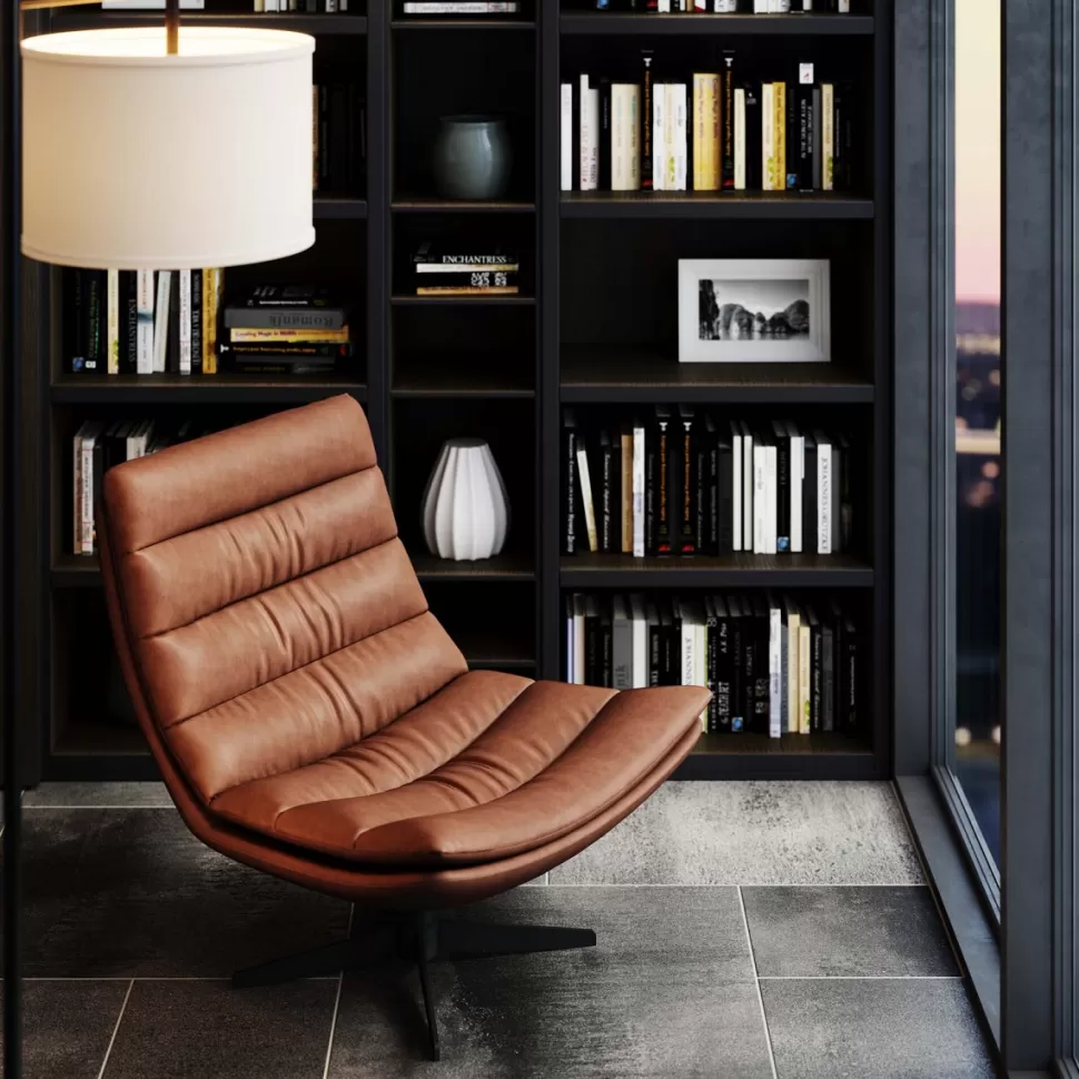 Fotele-KARE Design Fotel Obrotowy Tapicerowany Brązowa Ekoskóra Nogi Czarne Stalowe 75x87 Cm