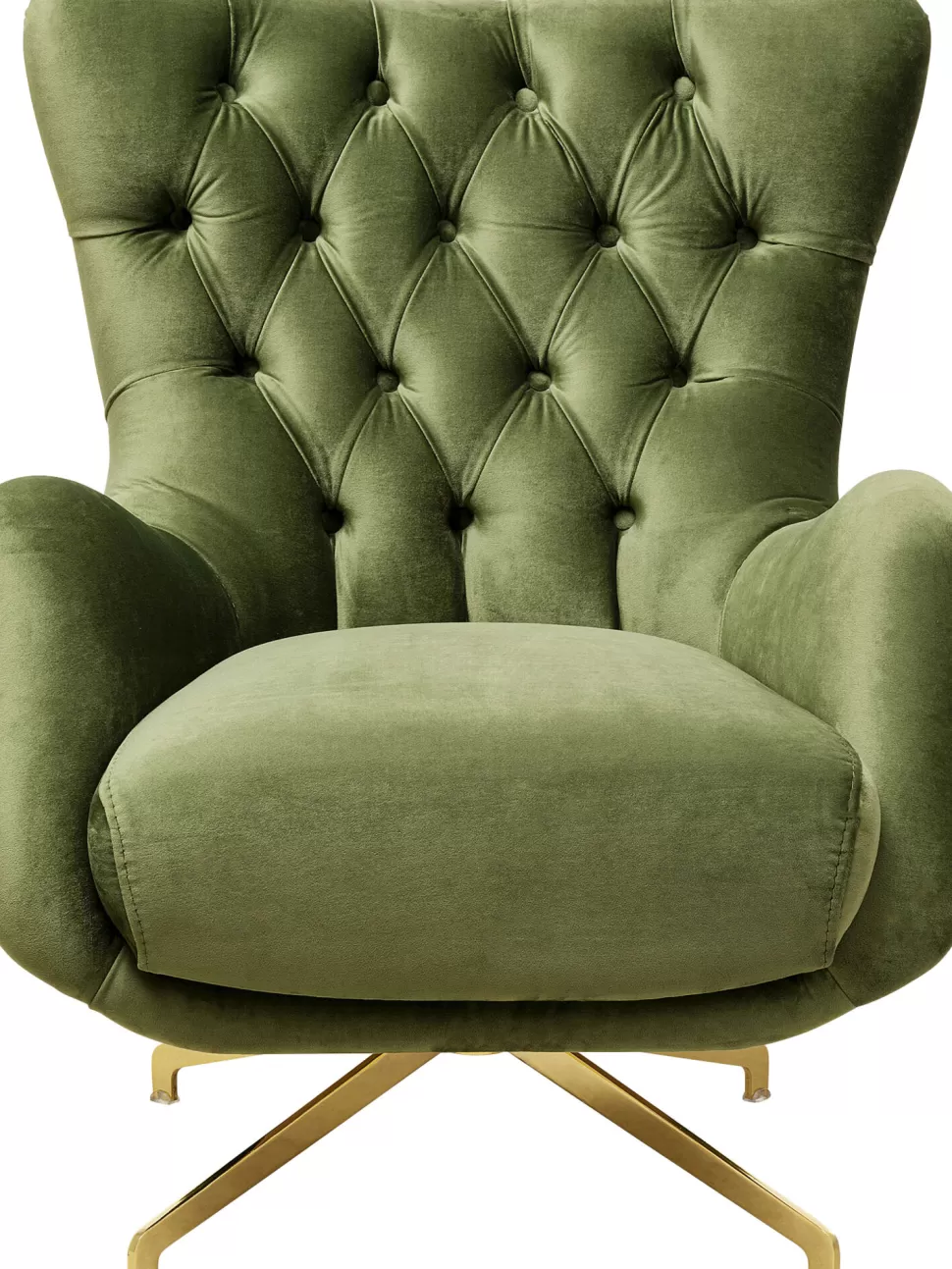 Fotele-KARE Design Fotel Obrotowy Welurowy Pikowany Zielony Nogi Złote 78x93 Cm