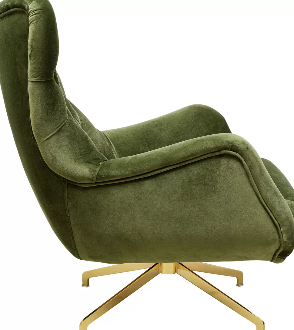 Fotele-KARE Design Fotel Obrotowy Welurowy Pikowany Zielony Nogi Złote 78x93 Cm