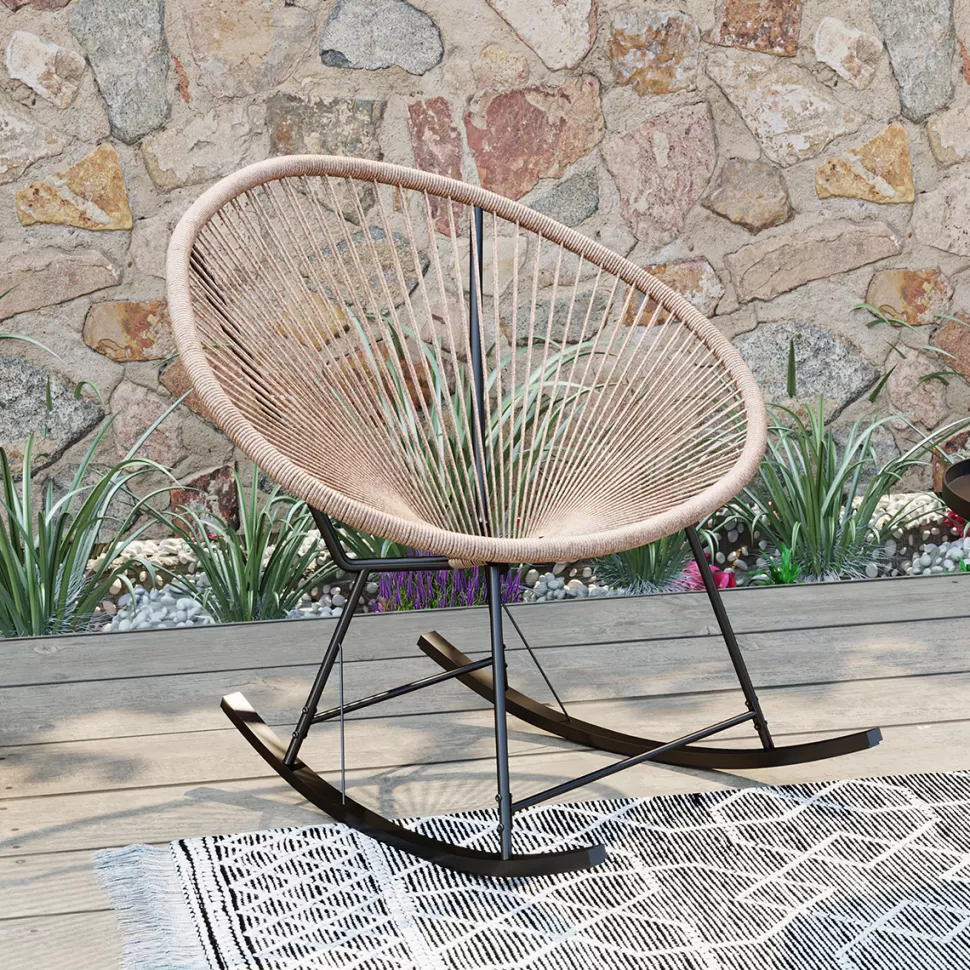 Fotele-KARE Design Fotel Ogrodowy Bujany Naturalny Nogi Stalowe Czarne 73x85 Cm