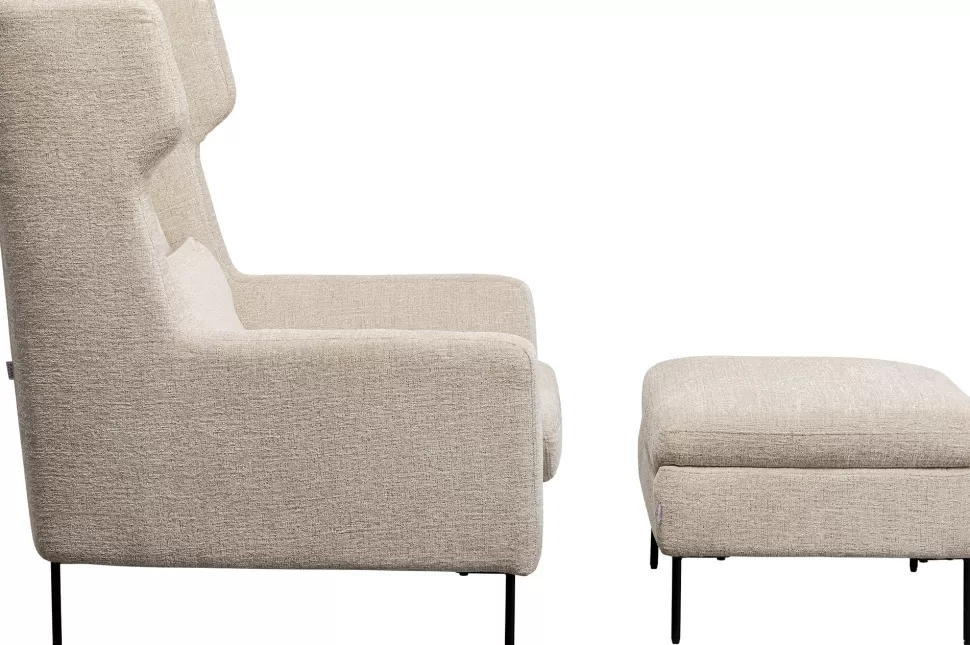 Fotele-KARE Design Fotel Tapicerowany Beżowy Z Podnożkiem Nogi Czarne Stalowe 80x115 Cm