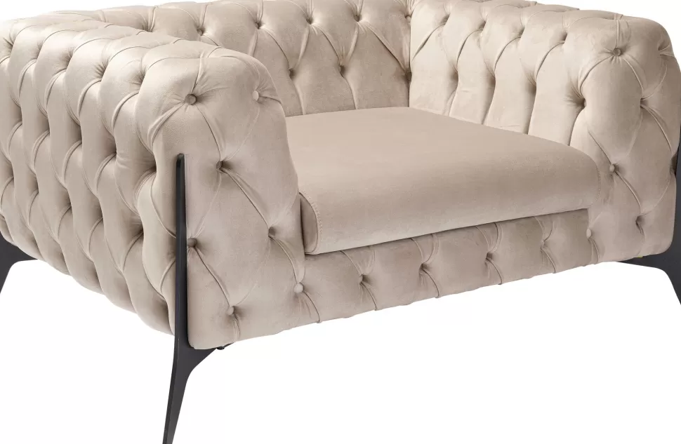 Fotele-KARE Design Fotel Welurowy Pikowany Beżowy Glamour Nogi Czarne 120x70 Cm