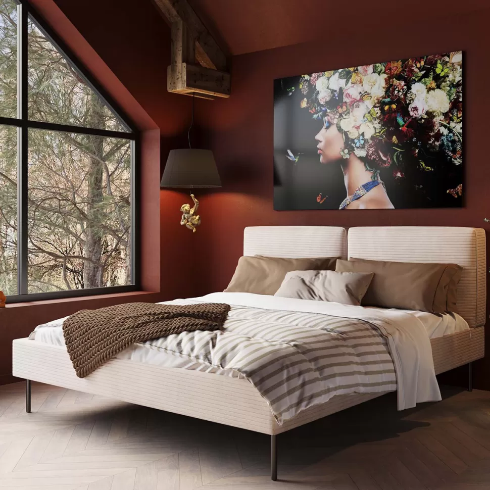 Łóżka-KARE Design Łóżko Podwójne Z Zagłówkiem Kremowe Nogi Czarne 160x200 Cm