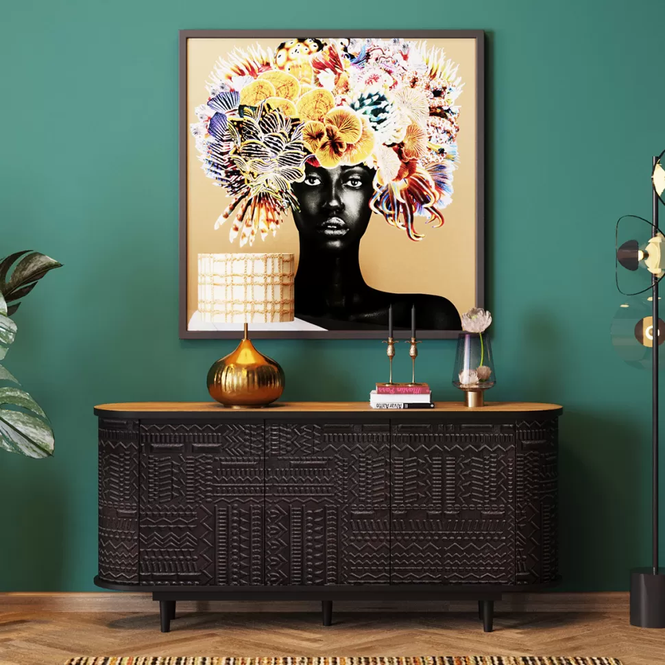 Komody-KARE Design Komoda 3-drzwiowa Boho Drewno Mango Czarne Blat Naturalny 160x75 Cm