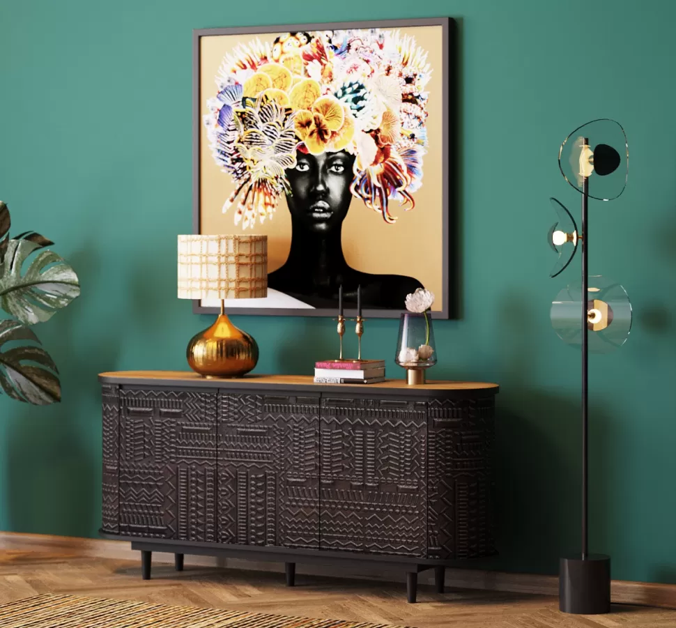 Komody-KARE Design Komoda 3-drzwiowa Boho Drewno Mango Czarne Blat Naturalny 160x75 Cm