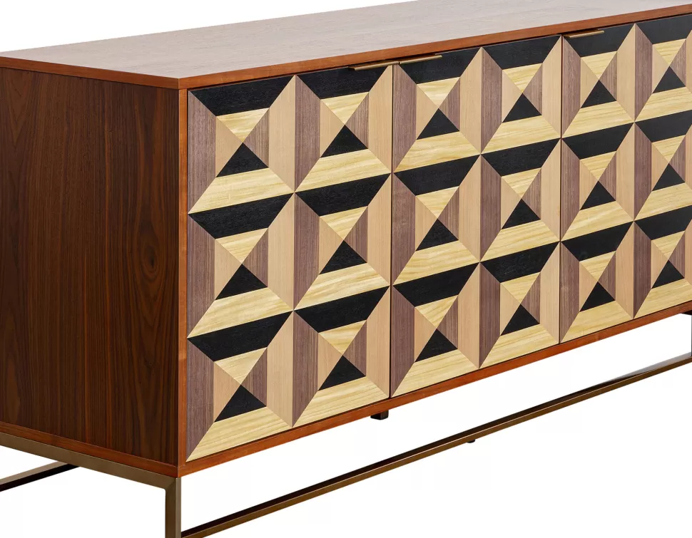 Komody-KARE Design Komoda 3-drzwiowa Fornir Orzechowy Nogi Złote Stalowe 160x78 Cm Front Efekt 3D