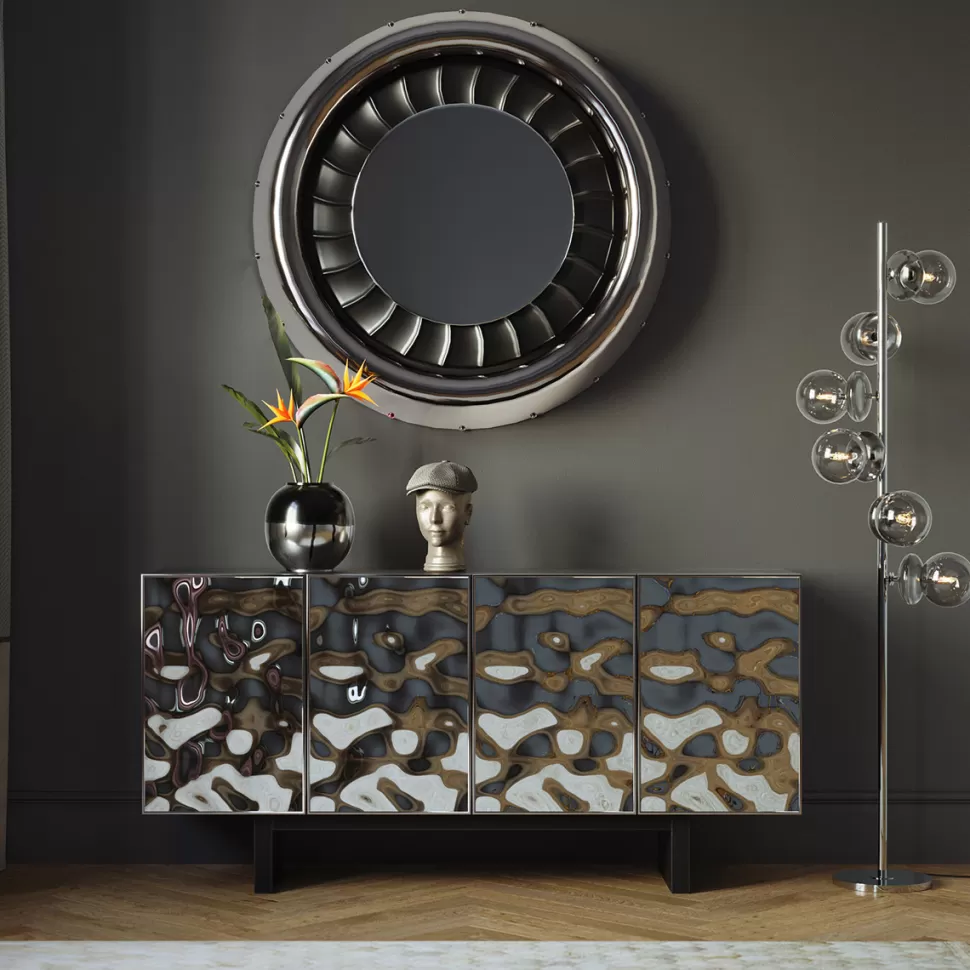 Komody-KARE Design Komoda 4-drzwiowa Fornirowana Czarna Front Srebrny Ze Stali Nierdzewnej 160x78 Cm
