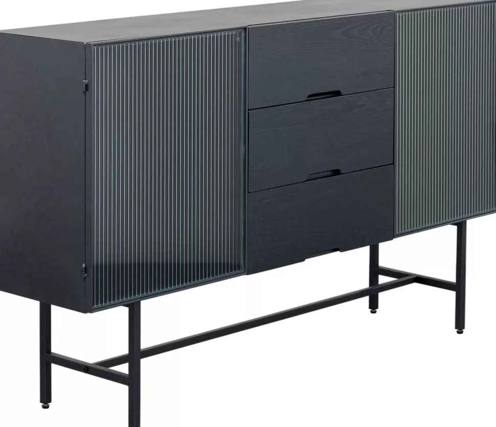 Komody-KARE Design Komoda Loft Z 3 Szufladami Czarna Stalowa Front Szkło Ryflowane I MDF 150x90 Cm