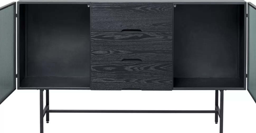 Komody-KARE Design Komoda Loft Z 3 Szufladami Czarna Stalowa Front Szkło Ryflowane I MDF 150x90 Cm