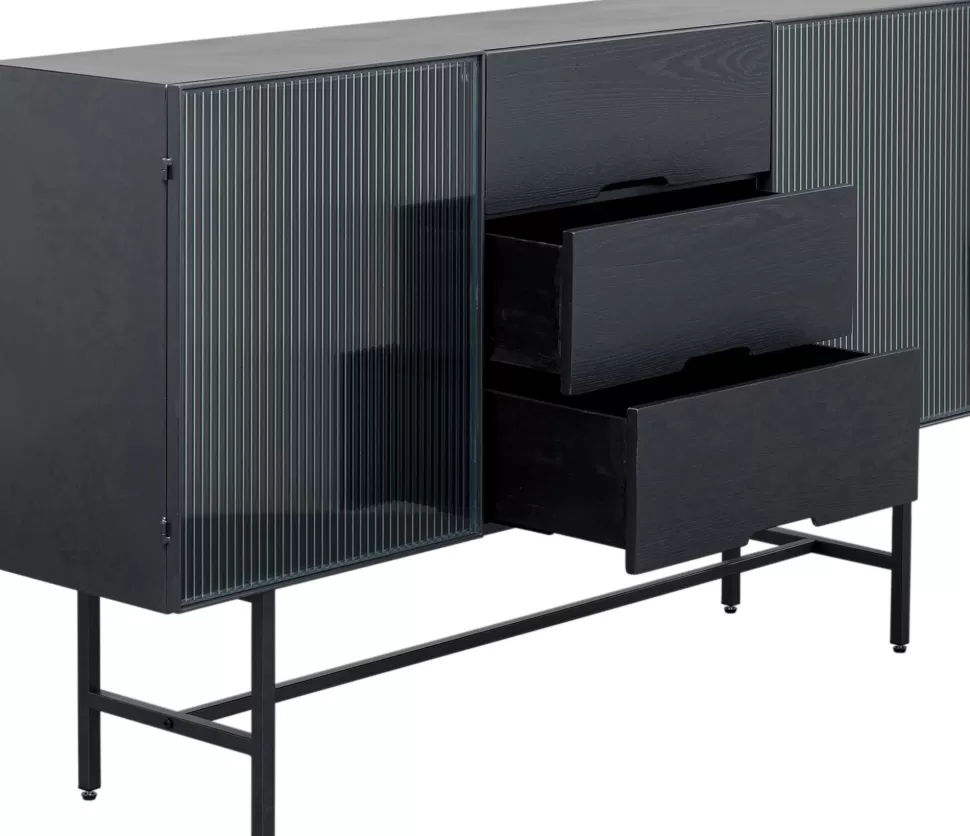 Komody-KARE Design Komoda Loft Z 3 Szufladami Czarna Stalowa Front Szkło Ryflowane I MDF 150x90 Cm