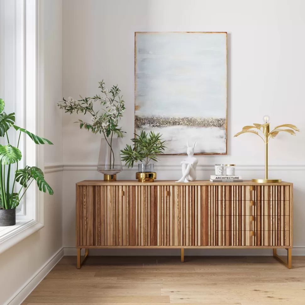 Komody-KARE Design Komoda Naturalna Z Szufladami I Drzwiami 186 Cm Podstawa Złota