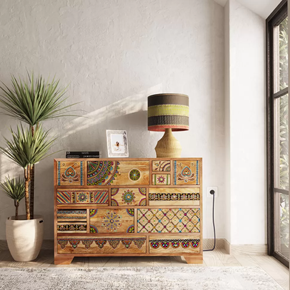 Komody-KARE Design Komoda Z 14 Szufladami Drewno Mango Kolorowe Ornamenty 115x80 Cm