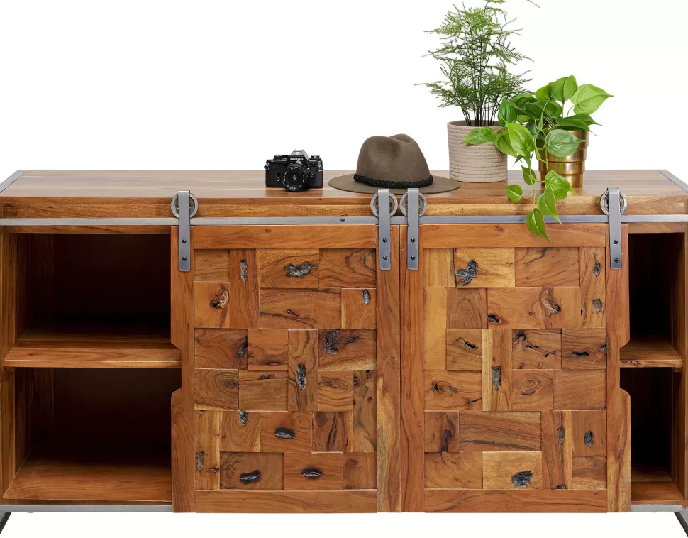Komody-KARE Design Komoda Z 3 Szufladami I Drzwiami Przesuwnymi Drewno Akacjowe Nogi Stalowe 160x78 Cm