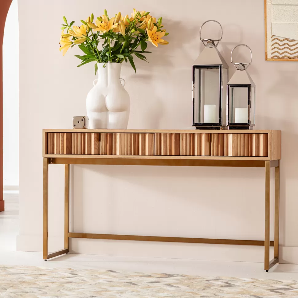 Konsole I Toaletki-KARE Design Konsola Z Szufladami MDF Naturalna 136x40 Cm Front Sklejka Jesionowa