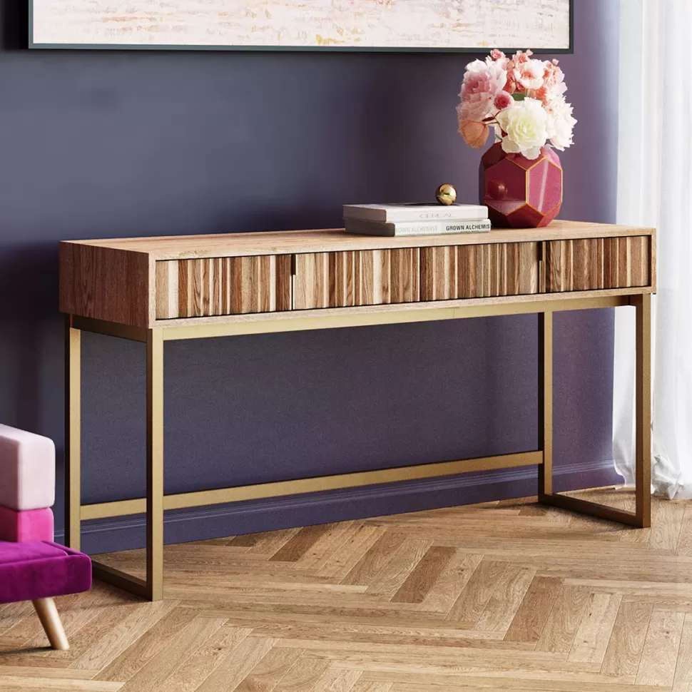 Konsole I Toaletki-KARE Design Konsola Z Szufladami MDF Naturalna 136x40 Cm Front Sklejka Jesionowa