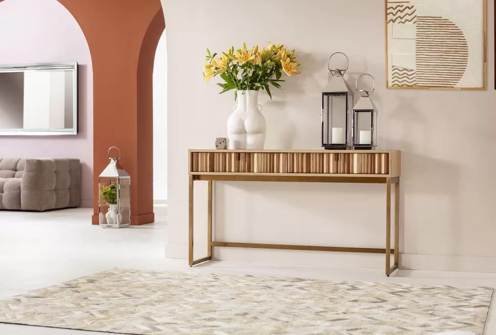 Konsole I Toaletki-KARE Design Konsola Z Szufladami MDF Naturalna 136x40 Cm Front Sklejka Jesionowa
