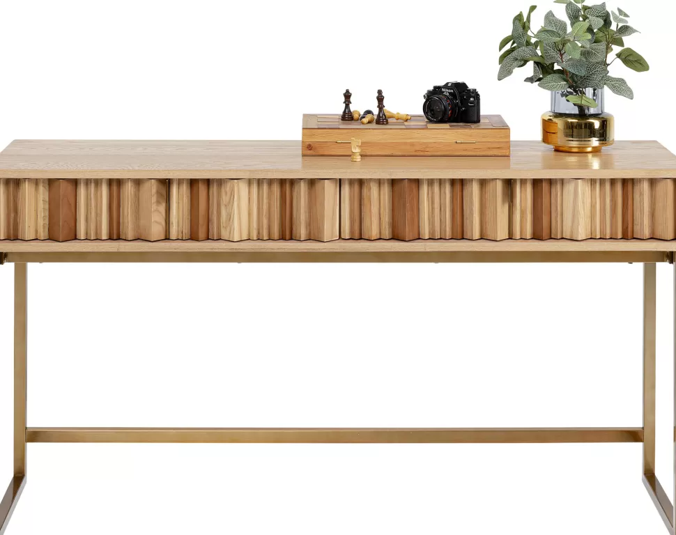 Konsole I Toaletki-KARE Design Konsola Z Szufladami MDF Naturalna 136x40 Cm Front Sklejka Jesionowa