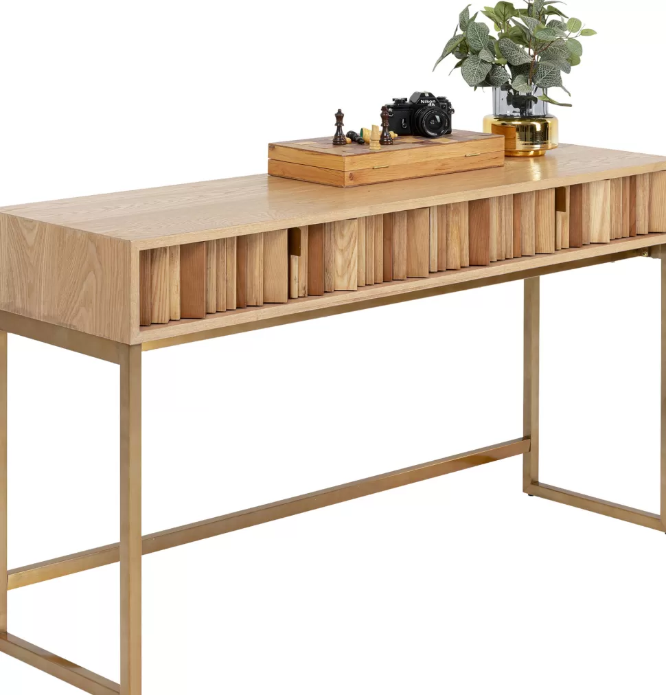 Konsole I Toaletki-KARE Design Konsola Z Szufladami MDF Naturalna 136x40 Cm Front Sklejka Jesionowa