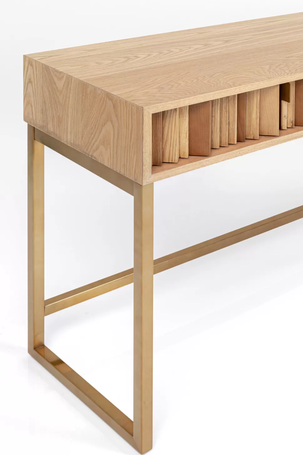 Konsole I Toaletki-KARE Design Konsola Z Szufladami MDF Naturalna 136x40 Cm Front Sklejka Jesionowa