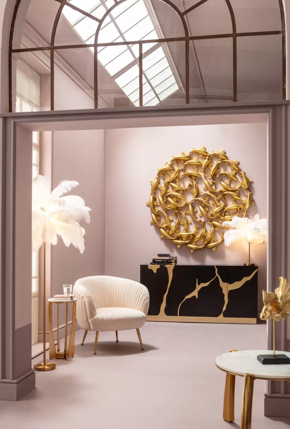 Lampy Podłogowe-KARE Design Lampa Podłogowa Palma Biała Strusie Pióra 165 Cm Podstawa Złota