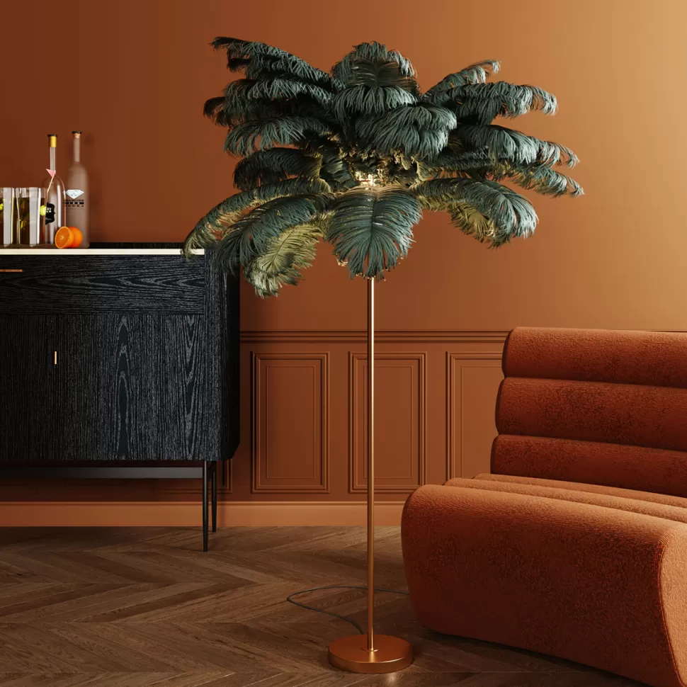 Lampy Podłogowe-KARE Design Lampa Podłogowa Palma Zielona Strusie Pióra 165 Cm Podstawa Złota