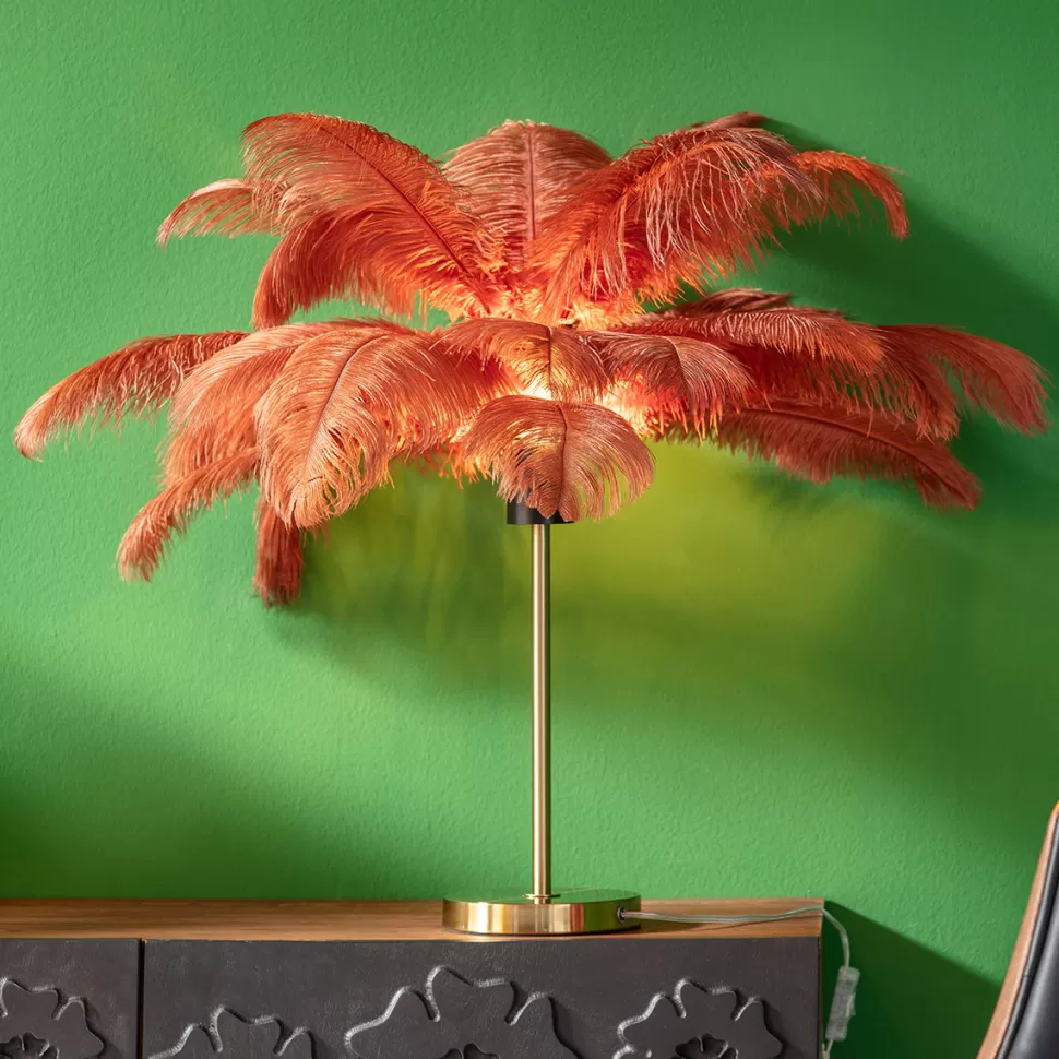 Lampy Stołowe-KARE Design Lampa Stołowa Palma Brązowa Rdzawa Strusie Pióra 60 Cm Podstawa Złota