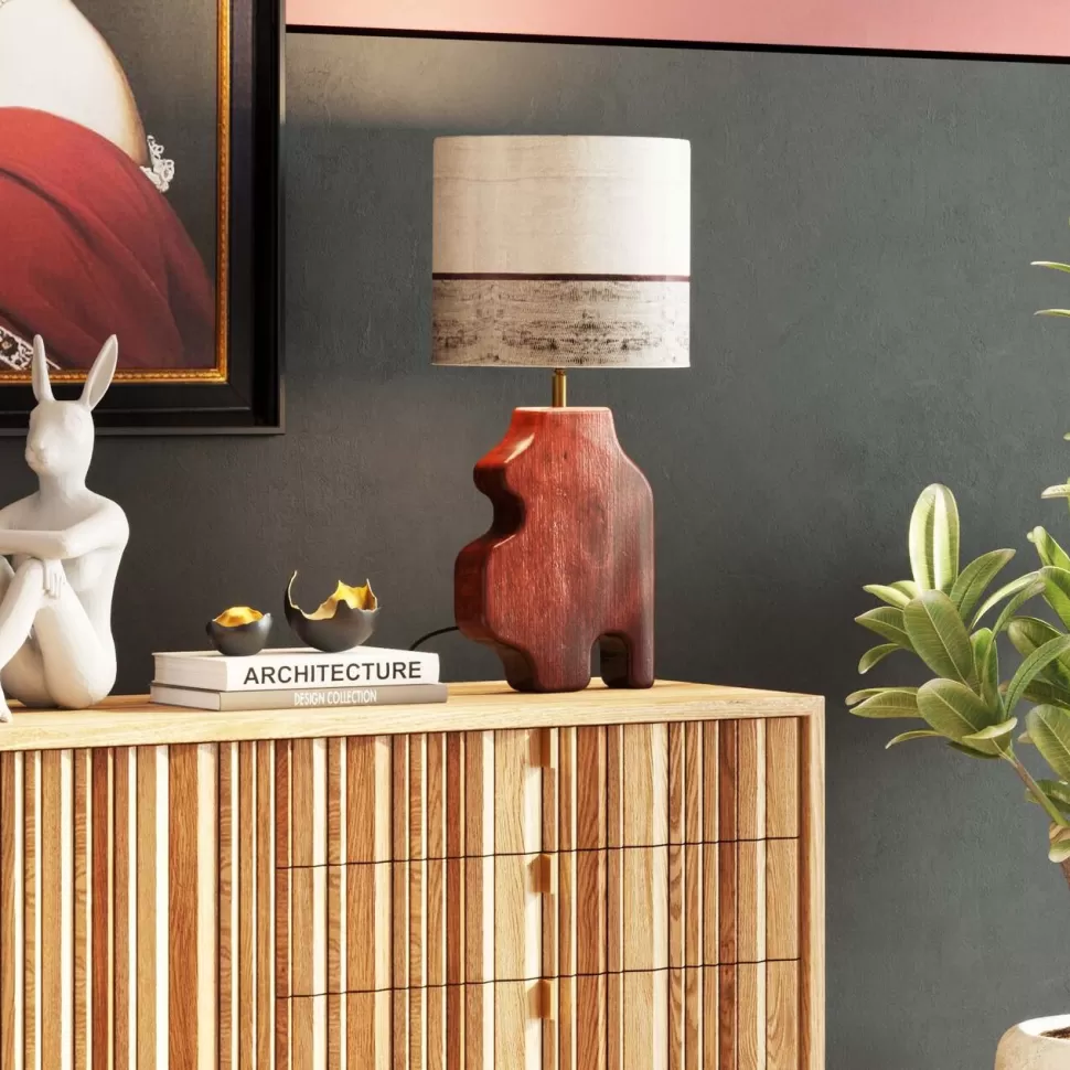 Lampy Stołowe-KARE Design Lampa Stołowa Podstawa Drewno Mango Brązowe Abażur Biało-szary Ø30x61 Cm