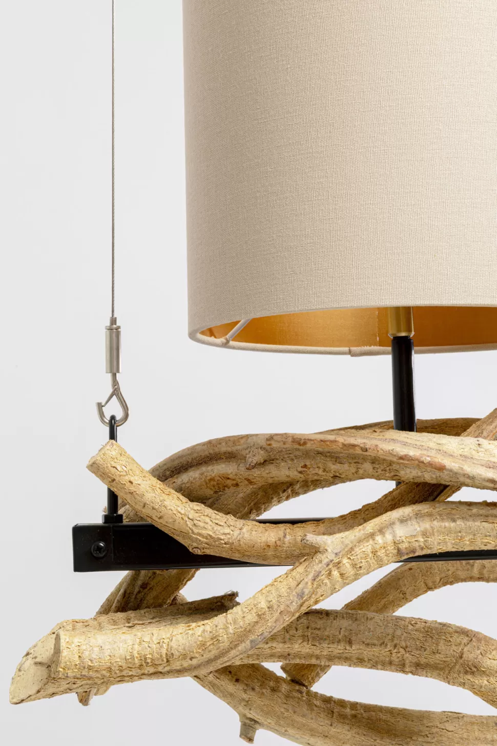 Lampy Wiszące-KARE Design Lampa Wisząca Drewno Naturalne I Stal Czarna 115 Cm Klosze Lniane Beżowe