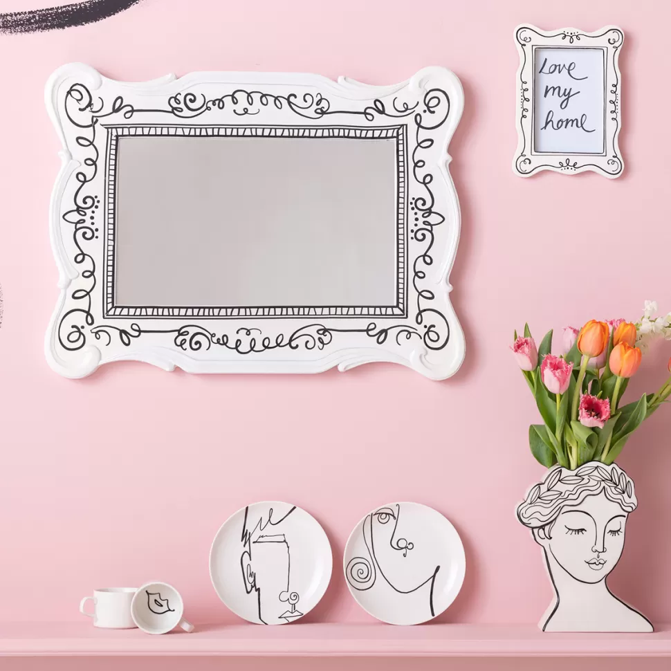 Lustra-KARE Design Lustro Białe Z Czarnymi Wzorami Kształt Klasyczny 50x67 Cm