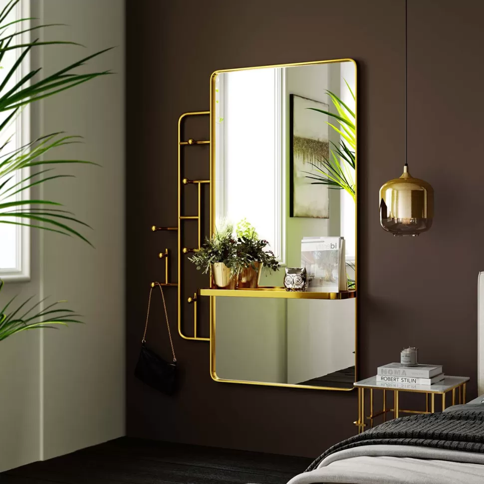 Lustra-KARE Design Lustro Z Półką I Wieszakami Złote 102x150 Cm