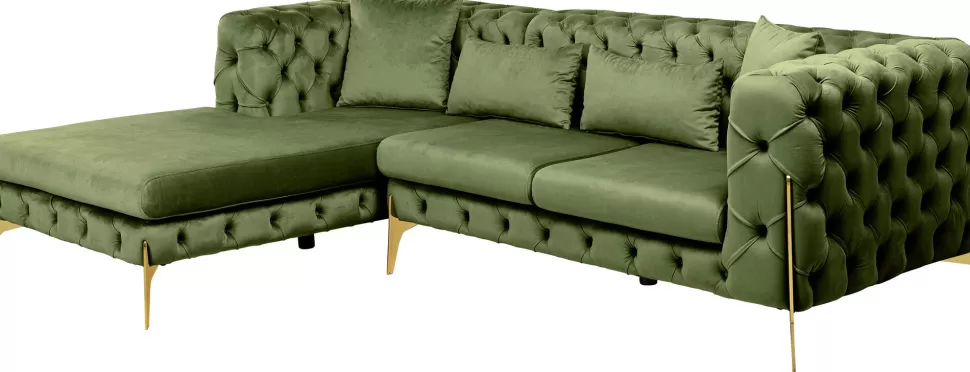 Narożniki-KARE Design Narożnik Lewy Welurowy Pikowany Zielony Glamour 240x180 Cm Nogi Złote