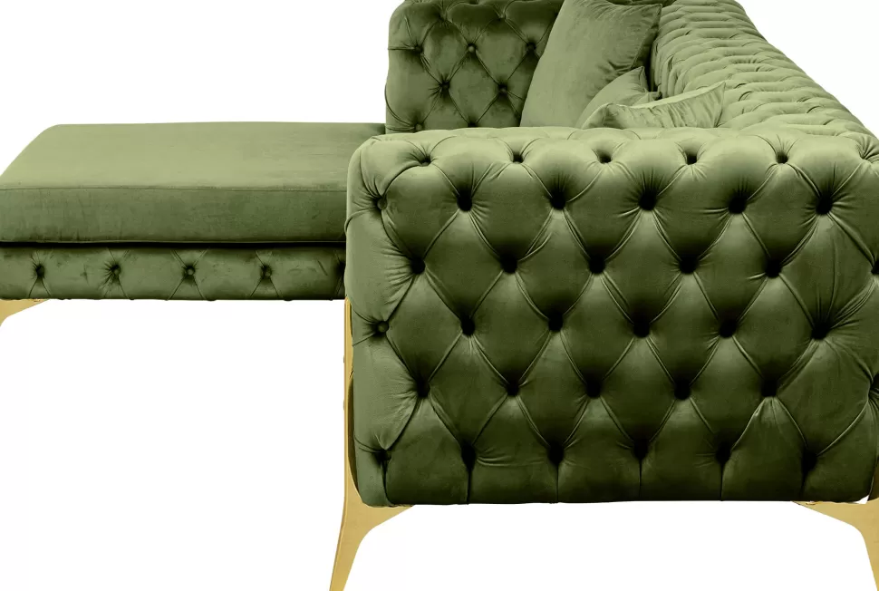 Narożniki-KARE Design Narożnik Lewy Welurowy Pikowany Zielony Glamour 240x180 Cm Nogi Złote