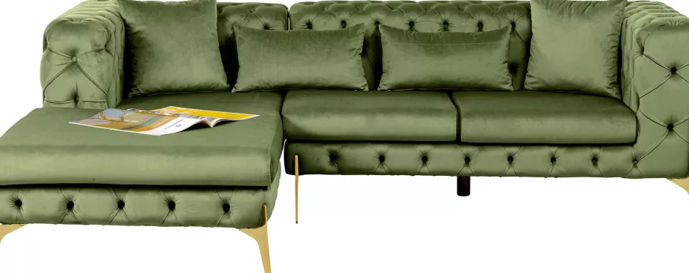 Narożniki-KARE Design Narożnik Lewy Welurowy Pikowany Zielony Glamour 240x180 Cm Nogi Złote