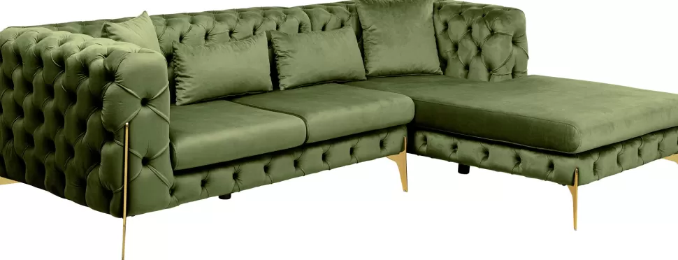 Narożniki-KARE Design Narożnik Prawy Welurowy Pikowany Zielony Glamour 240x180 Cm Nogi Złote